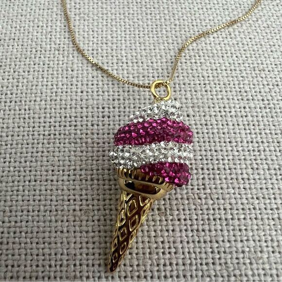 Simone I. Smith Sterling Pink Clear Crystal IceCream Cone Pendant Necklace, New - Picture 3 of 10